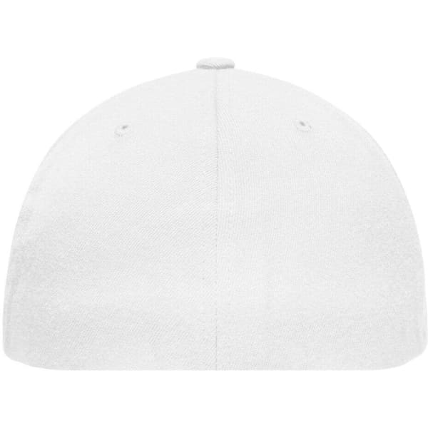 A white Flexfit® Flat Peak Cap featuring a rounded crown and a logo on the side.