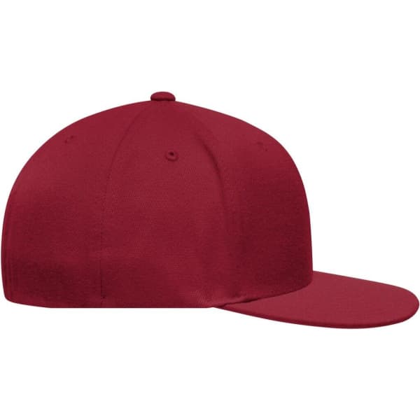A red Flexfit® Flat Peak Cap featuring a flat brim and an adjustable strap at the back. It has a logo on the side.
