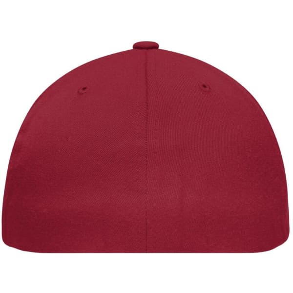 A red Flexfit® Flat Peak Cap featuring a smooth, rounded top and ventilation holes.