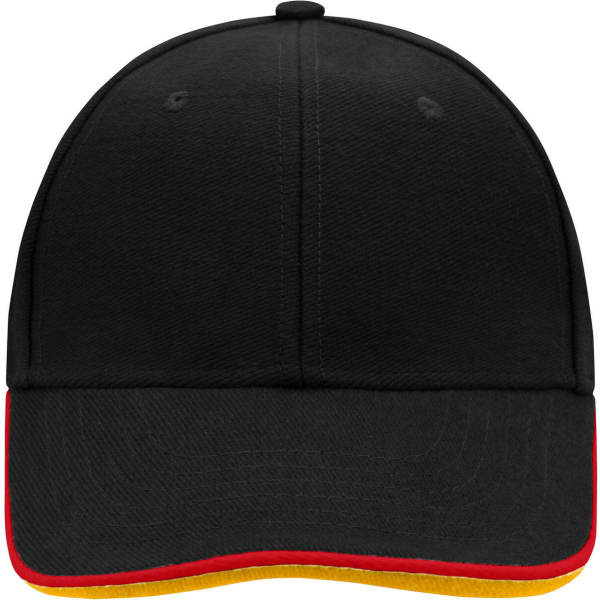 A black 6 panel cap with a red and yellow trim at the brim, featuring a logo on the front.