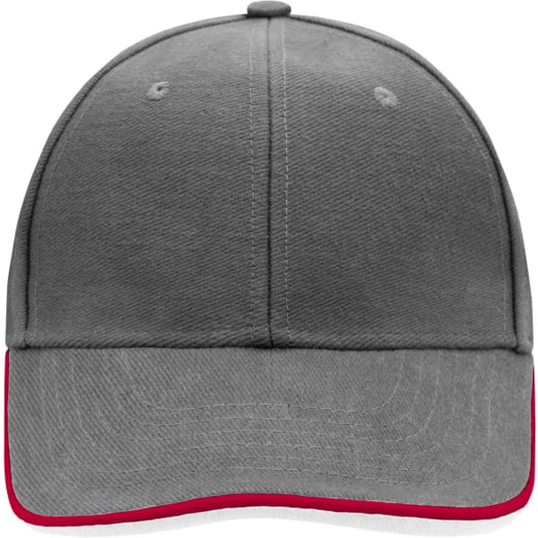 A grey cap with a red trim, featuring a curved brim and a logo on the front.