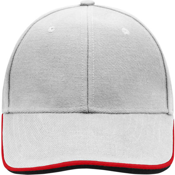 A white 6 panel double sandwich cap with a red and black brim. It features a logo.