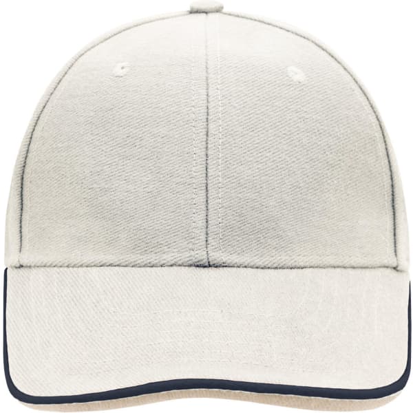 A cream-coloured 6 panel double sandwich cap with a dark navy trim and a logo on the front.