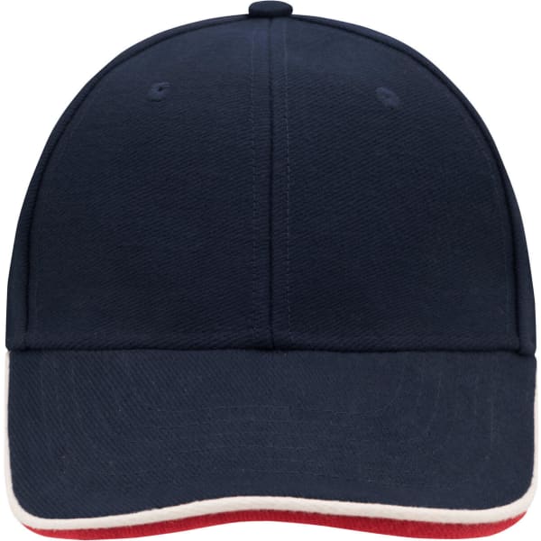 A navy blue 6 panel double sandwich cap with a red and white trim and a logo on the front.