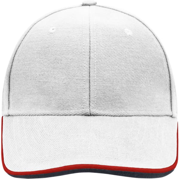 A white 6 panel double sandwich cap with a red trim, featuring a logo on the front.