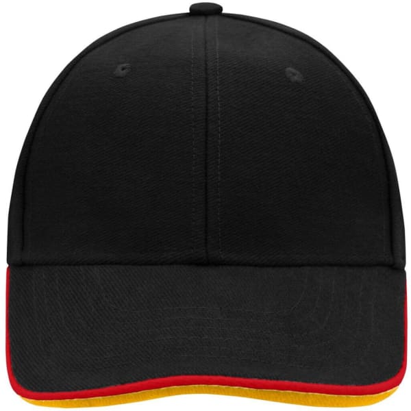 A black cap with a red and yellow curved peak, featuring a logo on the front.