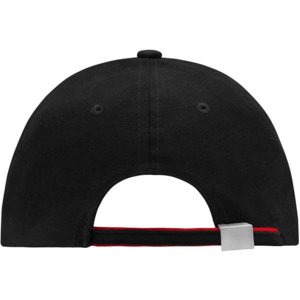 A black 6 panel double sandwich cap featuring a red underbrim and a silver adjustable strap at the back.