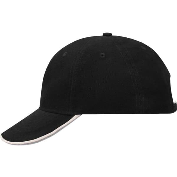 A black 6 panel cap with a contrasting visor and a logo on the side.