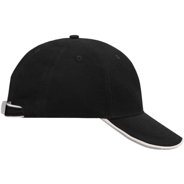 A black 6-panel cap with a curved brim, featuring a logo on the side and contrasting detailing.