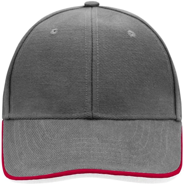 A grey cap with a red accent along the brim, featuring a logo on the front.