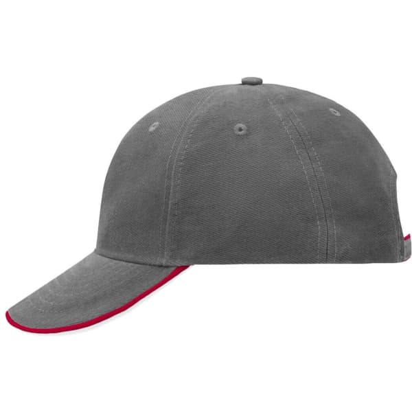 A grey 6 Panel Double Sandwich Cap with a red accent on the brim and a logo on the side.