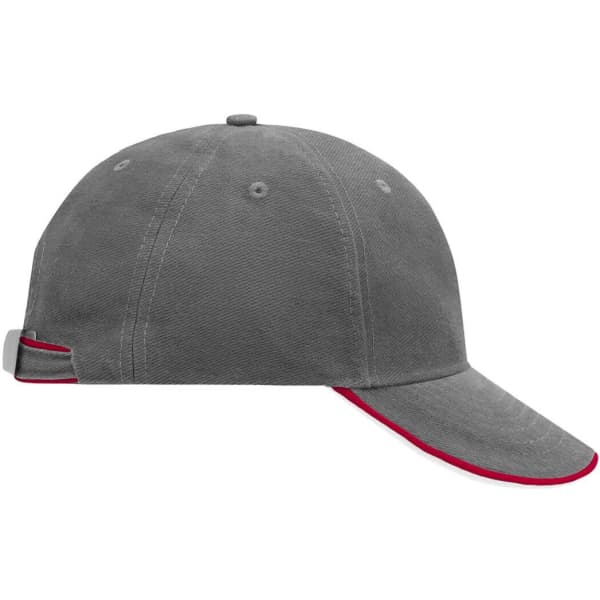 A grey 6 panel double sandwich cap with a red trim and an adjustable strap at the back. It features a logo.