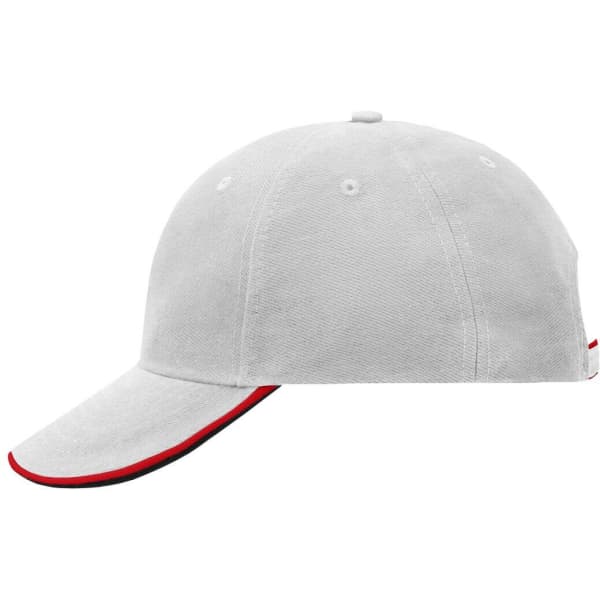 A grey cap with a curved brim and red trim, featuring a logo on the side.