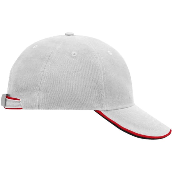 A grey cap with a contrasting red trim, featuring a curved brim and an adjustable strap at the back.