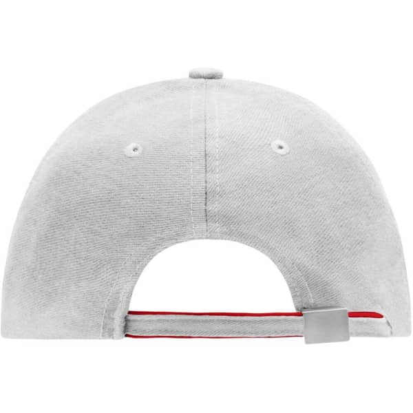 A grey 6 Panel Double Sandwich Cap featuring a red detailing and a logo on the back.