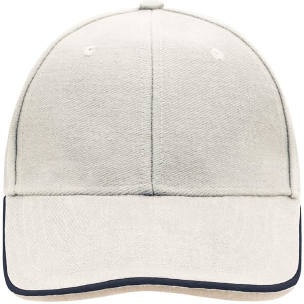 A beige cap featuring a dark trim and a curved brim, with a logo on the front.