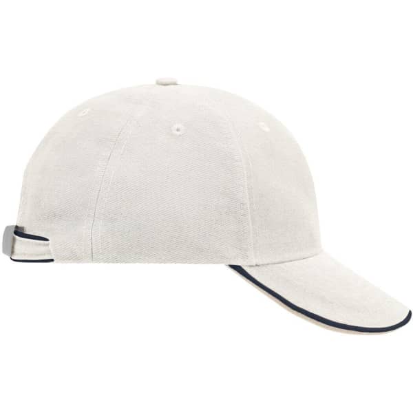 A light-coloured 6-panel cap with a curved peak and a contrasting trim, featuring a logo on the back.