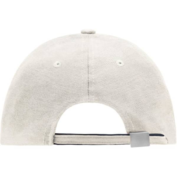 A white 6-panel double sandwich cap featuring a curved brim and an adjustable strap at the back, along with a logo.