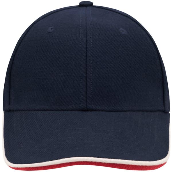 A navy blue cap with a red underside and a prominent logo on the front. Features six panels and a structured design.