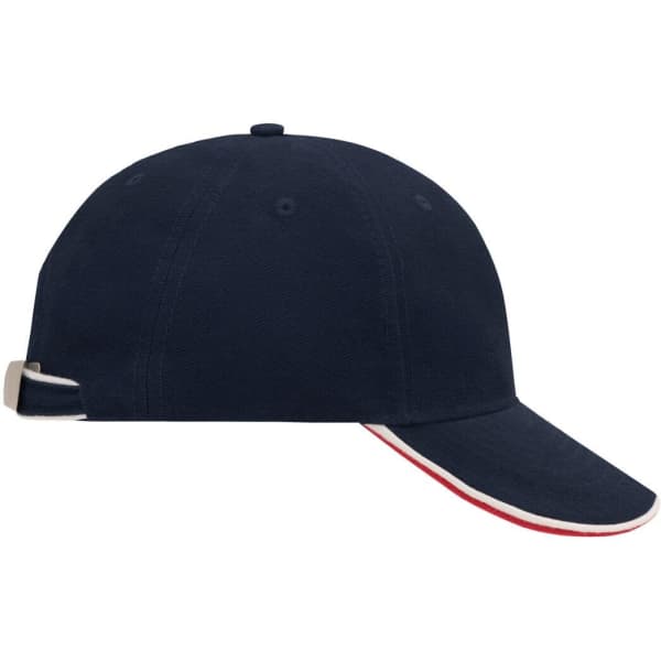 A navy blue cap with a curved brim, featuring a contrasting red and white trim, and a back adjustment strap.