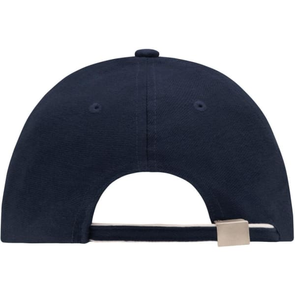 A navy blue 6 Panel Double Sandwich Cap with a rear opening and an adjustable strap. It features a branding logo.