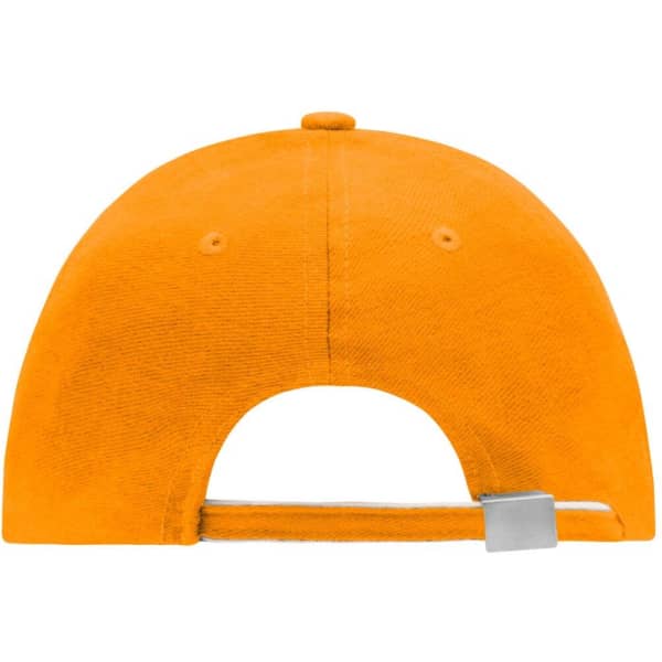 A bright orange 6 panel double sandwich cap featuring a branded logo on the back.