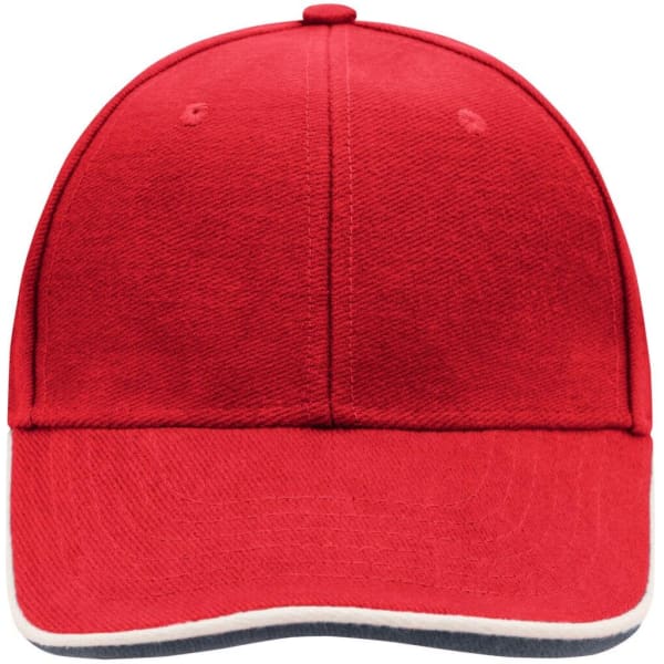 A red 6 panel double sandwich cap with a contrasting trim and a logo on the front.