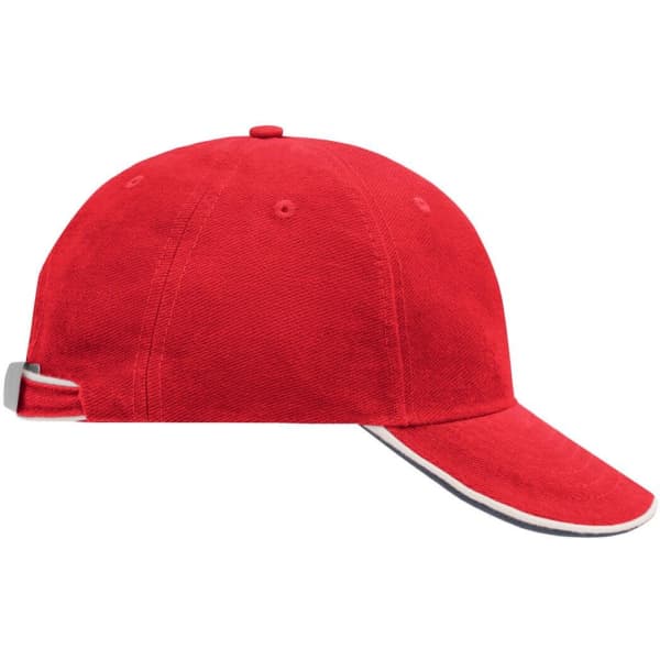 A red 6 panel double sandwich cap with a contrasting trim and an adjustable strap at the back. It features a logo.