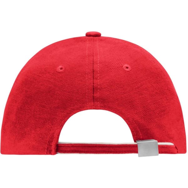 A red 6 panel double sandwich cap with a smooth underside and an adjustable strap at the back.