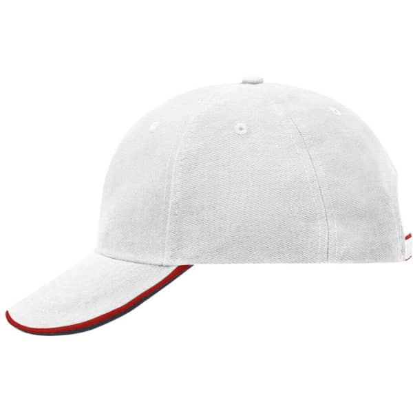 A white 6-panel double sandwich cap featuring a red under-peak and a branded logo on the side.