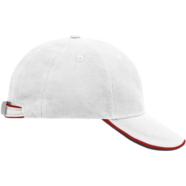 A white 6 panel cap with a red accent on the brim and a silver adjustable strap at the back.
