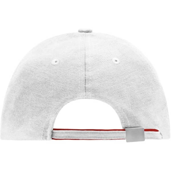 A grey 6 panel double sandwich cap featuring a branded logo and a red accent on the adjustable strap.