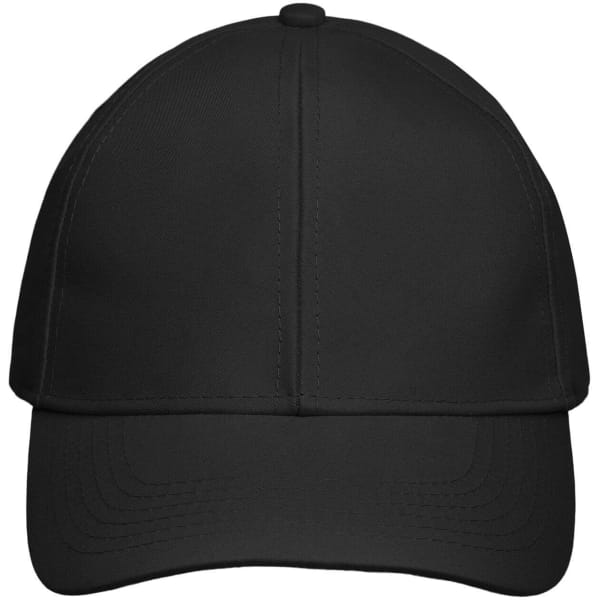 A black 6 panel cap with a curved brim and an adjustable strap at the back. It features a logo.