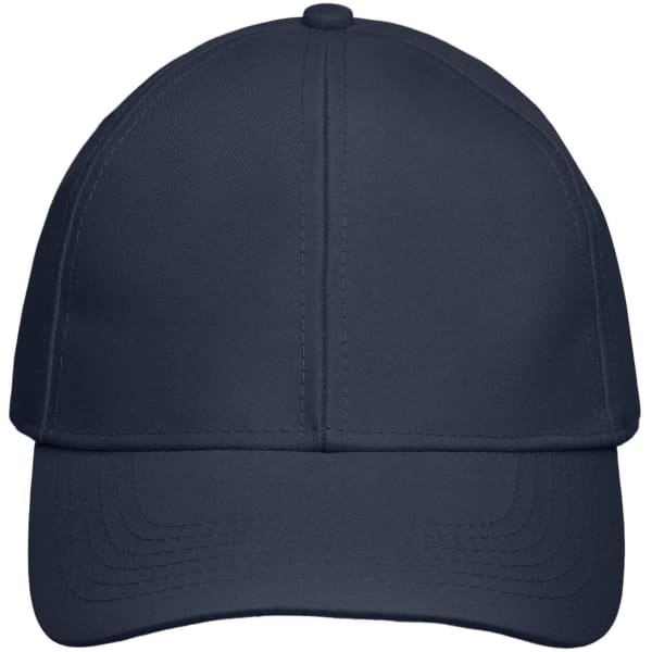 A navy blue six-panel cap featuring a structured design and a curved brim, with a logo on the front.