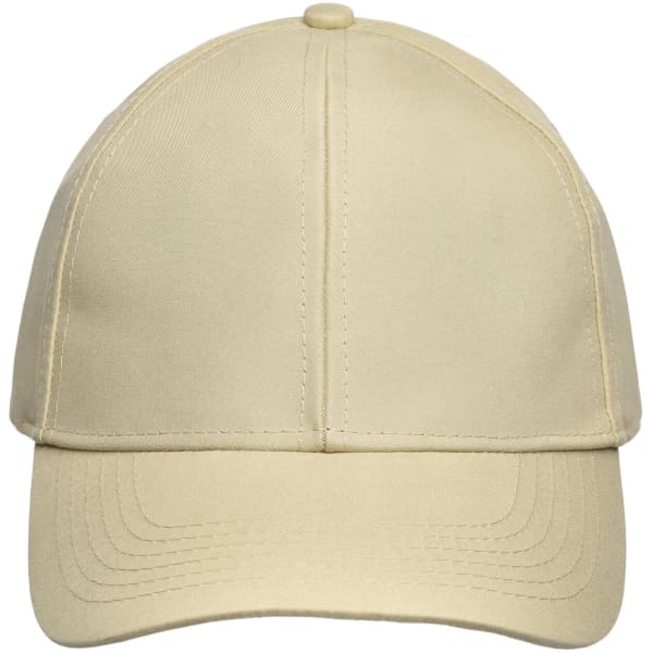 A beige 6 panel function cap with a rounded crown and a curved peak, featuring a logo on the front.