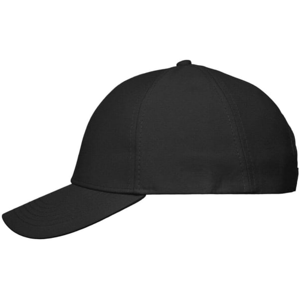 A black six-panel cap with a curved brim, featuring a simple design and a logo.