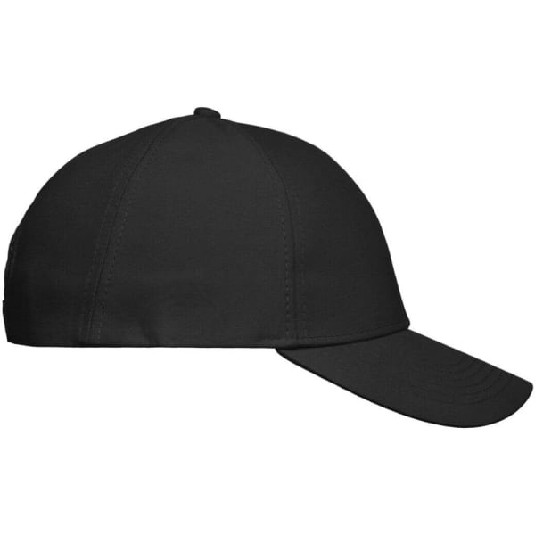 A black 6 panel cap featuring a structured design and a curved visor, with a logo on the side.