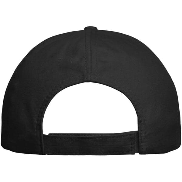 A black six-panel cap with a back opening and an adjustable strap. It features a logo on the side.