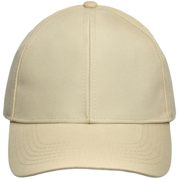A beige six-panel cap with a structured design and an adjustable strap at the back. It features a logo.