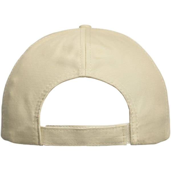 A beige 6 panel cap with an adjustable strap and a logo on the back.