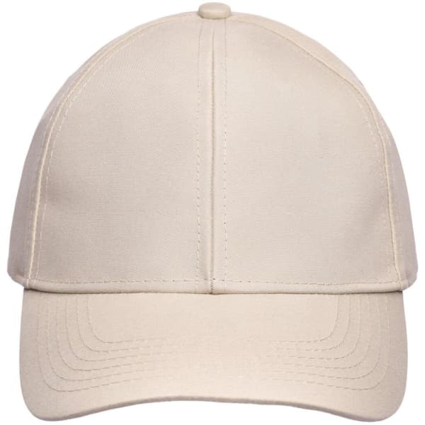 A beige 6-panel cap with a curved brim and stitching details, featuring a logo on the front.