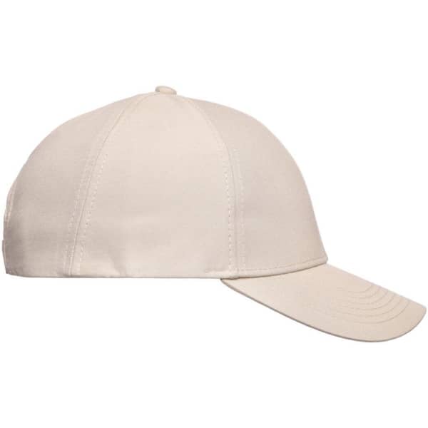 A beige 6-panel cap with a curved brim, featuring a logo on the front.