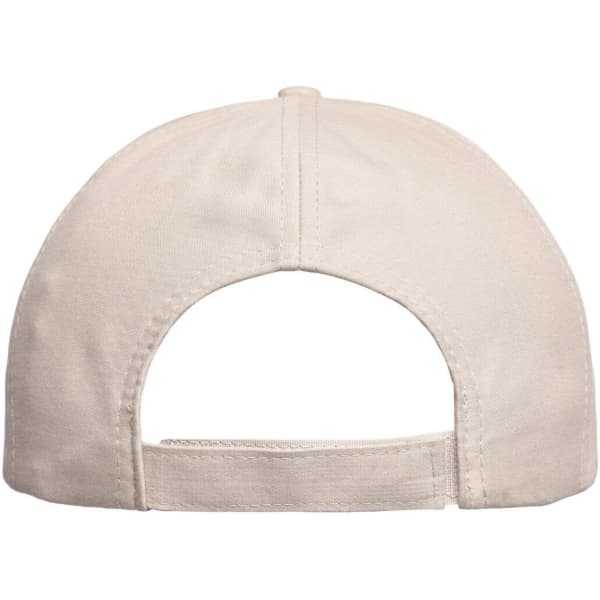 A beige 6-panel cap with an adjustable strap at the back and a logo on the side.