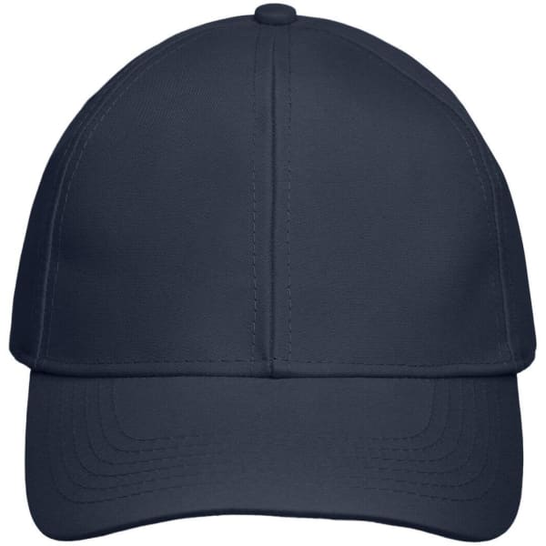 A navy blue 6 panel function cap with a stitched brim and a logo on the front.