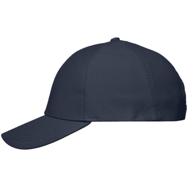 A navy 6-panel cap with a curved brim and a logo on the side.