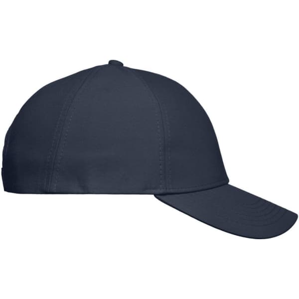 A navy blue six-panel cap with a curved brim and a logo on the side.