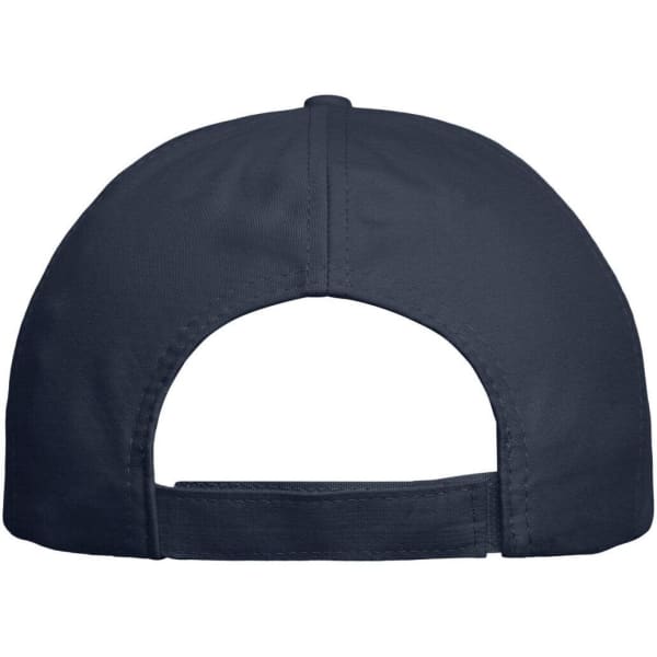 A navy 6 panel cap with an adjustable strap at the back, featuring a logo.
