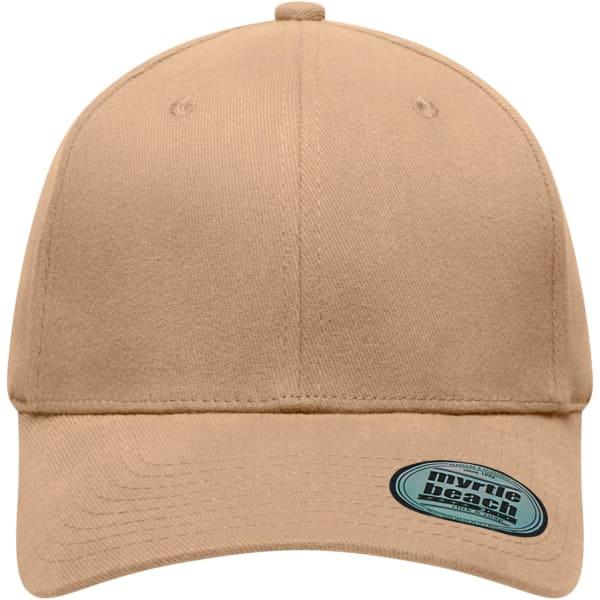 A beige 6 Panel Elastic Fit Baseball Cap featuring a logo on the side. Suitable for casual wear.