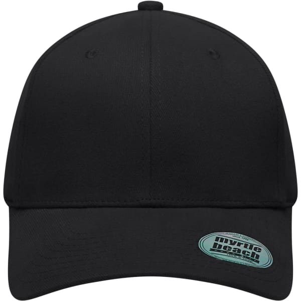 A black 6 panel elastic fit baseball cap featuring a logo on the side.