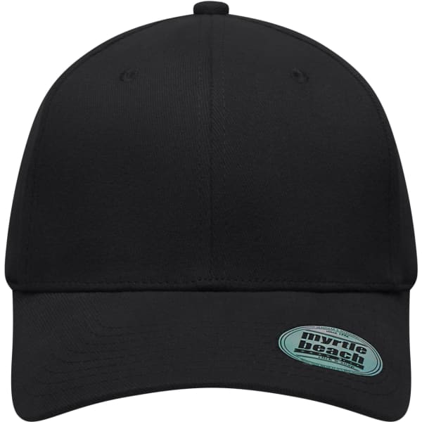 A black 6-panel elastic fit baseball cap featuring a logo on the side.